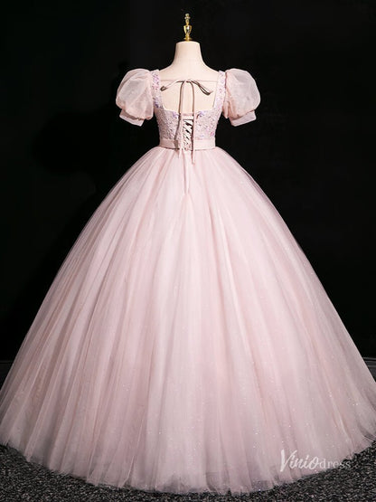 Pink Sparkly Tulle Prom Dresses Ball Gown Puffed Sleeve, Bow Quinceanera Dresses BG047-prom dresses 2025 -Viniodress-Pink-Custom Size-