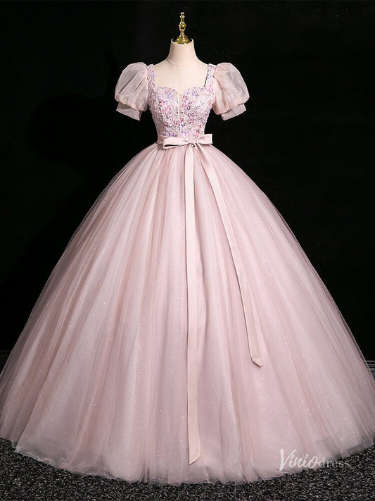 Pink Sparkly Tulle Prom Dresses Ball Gown Puffed Sleeve, Bow Quinceanera Dresses BG047-prom dresses 2025 -Viniodress-Pink-Custom Size-