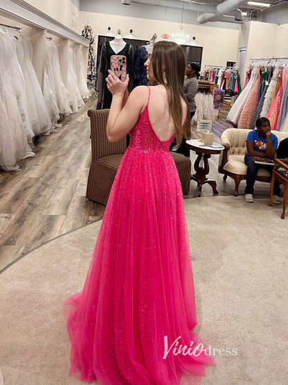 Pink Sparkly Tulle Prom Dresses Spaghetti Strap Evening Dress FD3334-prom dresses 2025 -Viniodress-Pink-Custom Size-