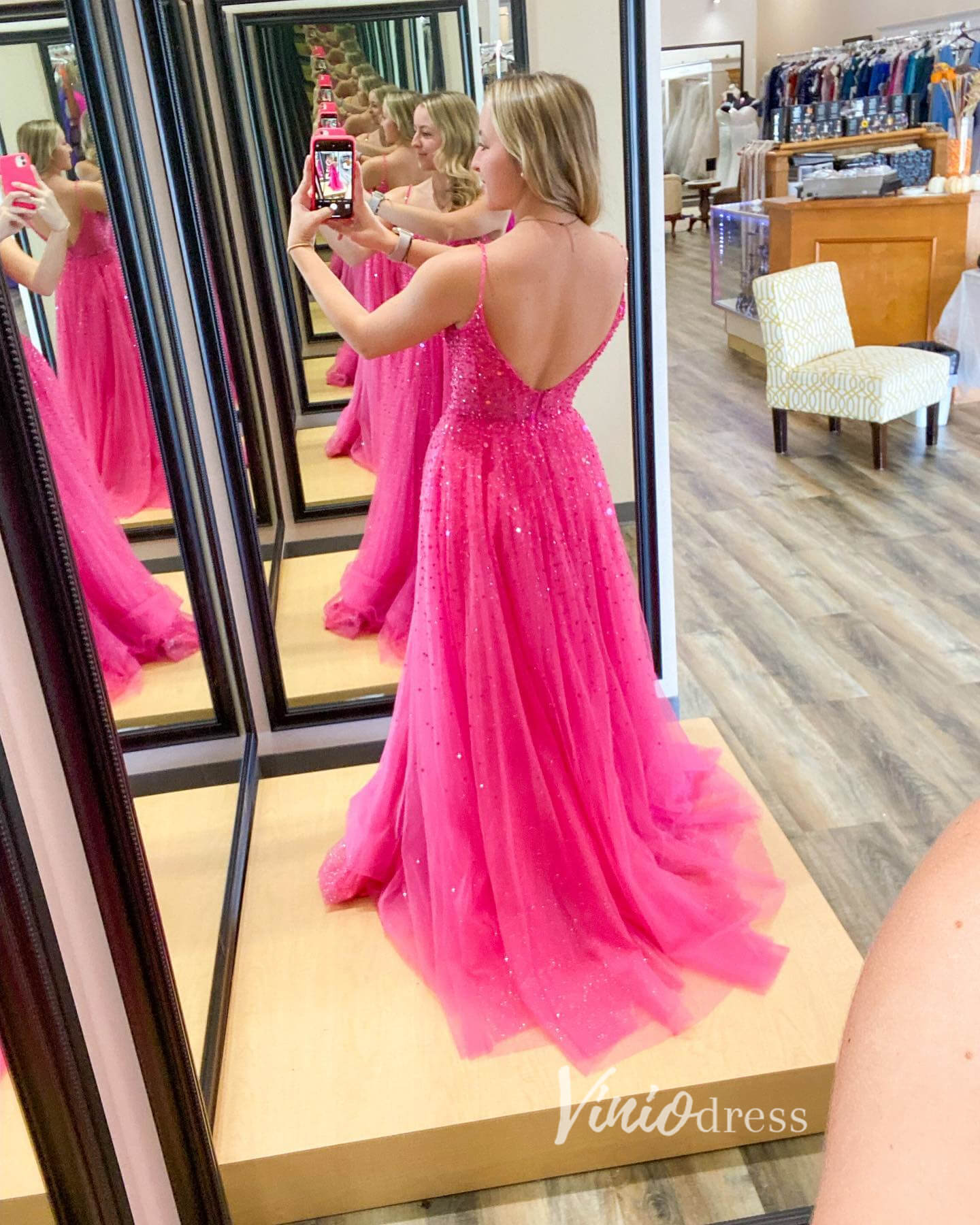 Pink Sparkly Tulle Prom Dresses Spaghetti Strap Evening Dress FD3334-prom dresses 2025 -Viniodress-Pink-Custom Size-