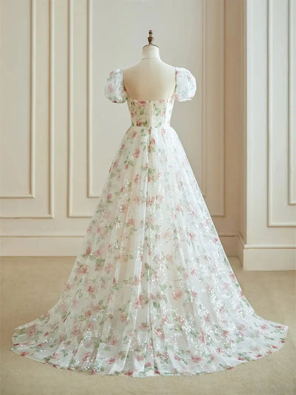 Pink Starry Tulle Floral Prom Dresses with Slit & Puffes Sleeve - FD5107-prom dresses 2025 -Viniodress-Pink-Custom Size-