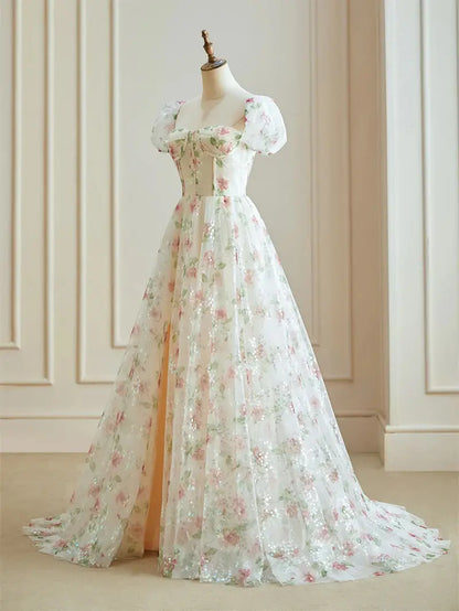 Pink Starry Tulle Floral Prom Dresses with Slit & Puffes Sleeve - FD5107-prom dresses 2025 -Viniodress-Pink-Custom Size-