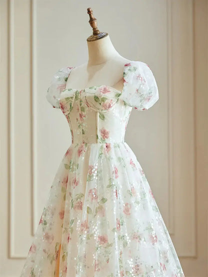 Pink Starry Tulle Floral Prom Dresses with Slit & Puffes Sleeve - FD5107-prom dresses 2025 -Viniodress-Pink-Custom Size-