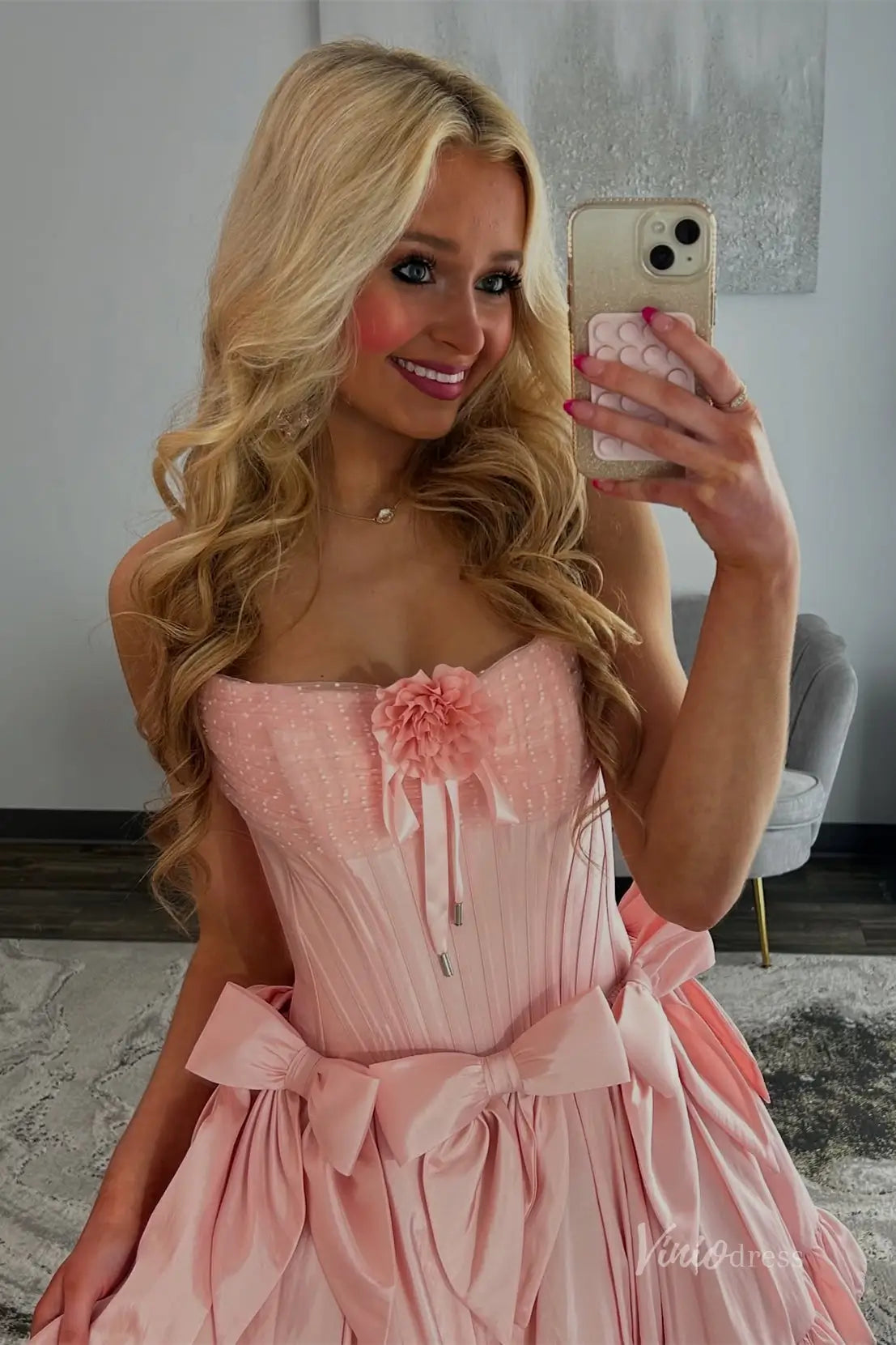 Pink Strapless Homecoming Dress with Floral Appliqué, Corset Bodice, Bow Accents, Ruffle Skirt – H1119B-Homecoming Dresses 2025 -Viniodress-Pink-Custom Size-
