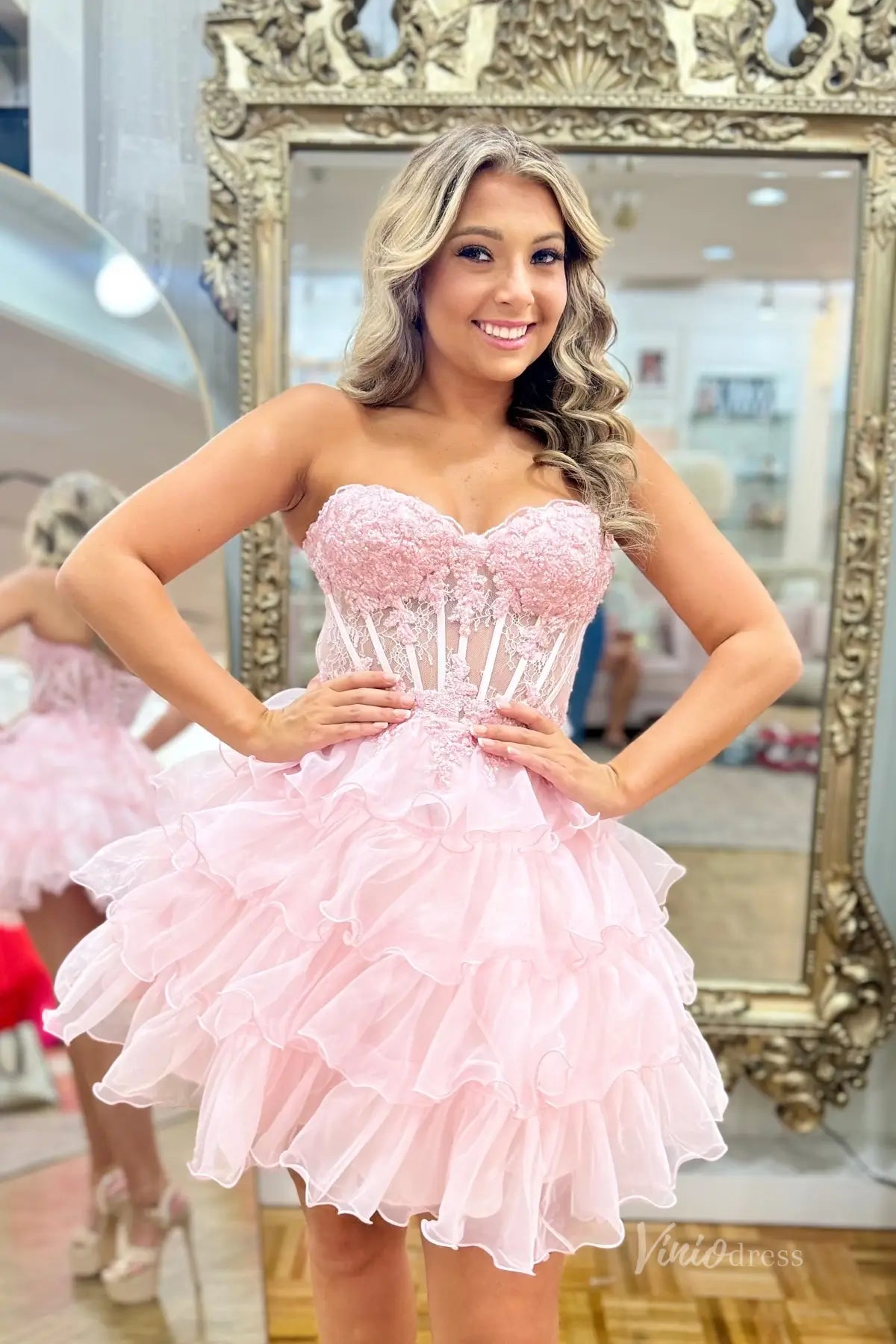 Pink Strapless Homecoming Dress with Lace Corset Bodice and Ruffled Or – Viniodress