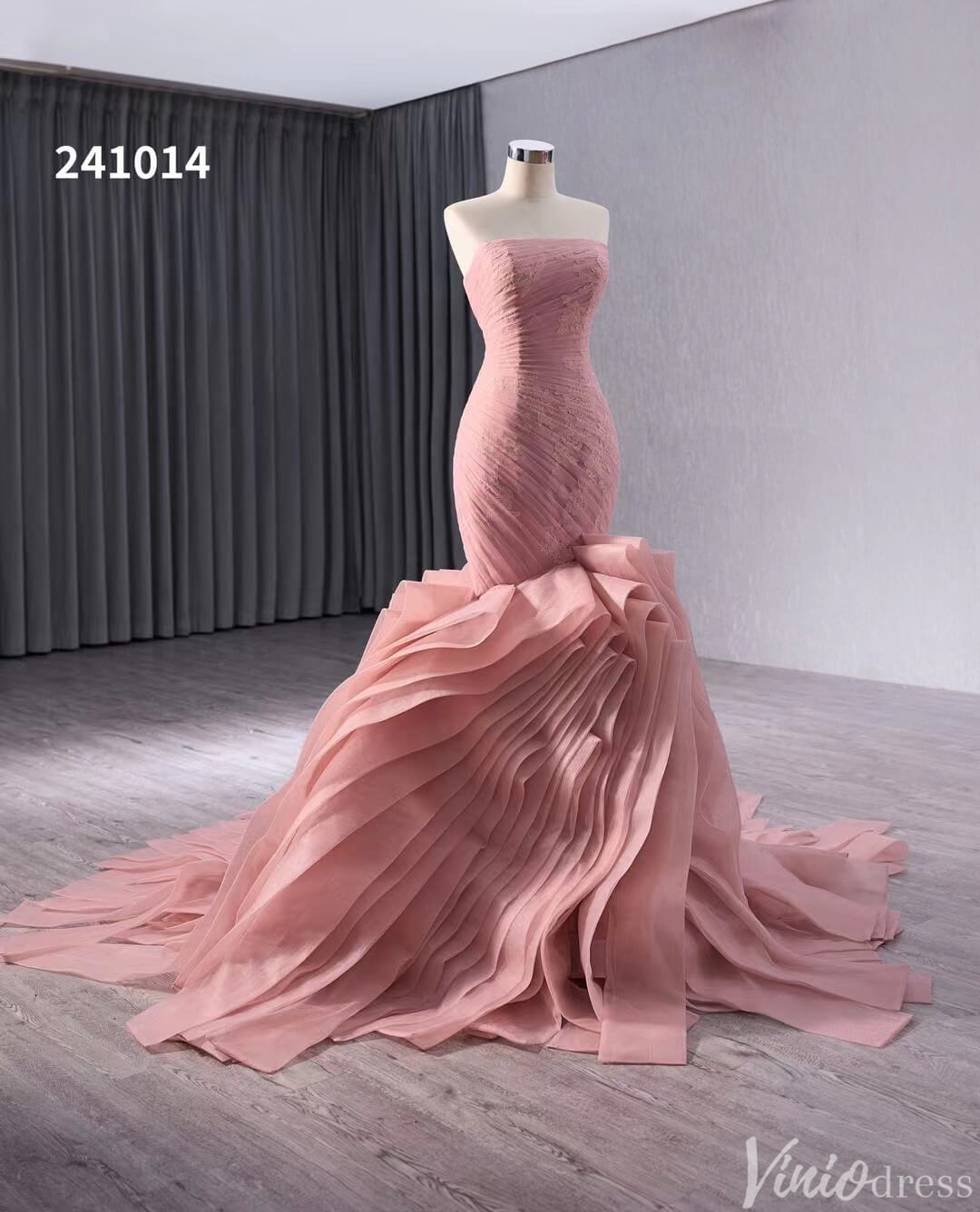 Pink Strapless Mermaid Wedding Gown Ruched Ruffled Lace Applique Pageant Dress 241014-wedding dresses 2025 -Viniodress-Pink-Custom Size-