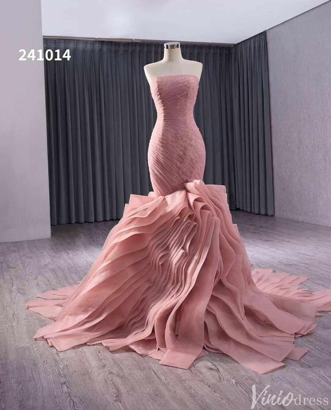 Pink Strapless Mermaid Wedding Gown Ruched Ruffled Lace Applique Pageant Dress 241014-wedding dresses 2025 -Viniodress-Pink-Custom Size-