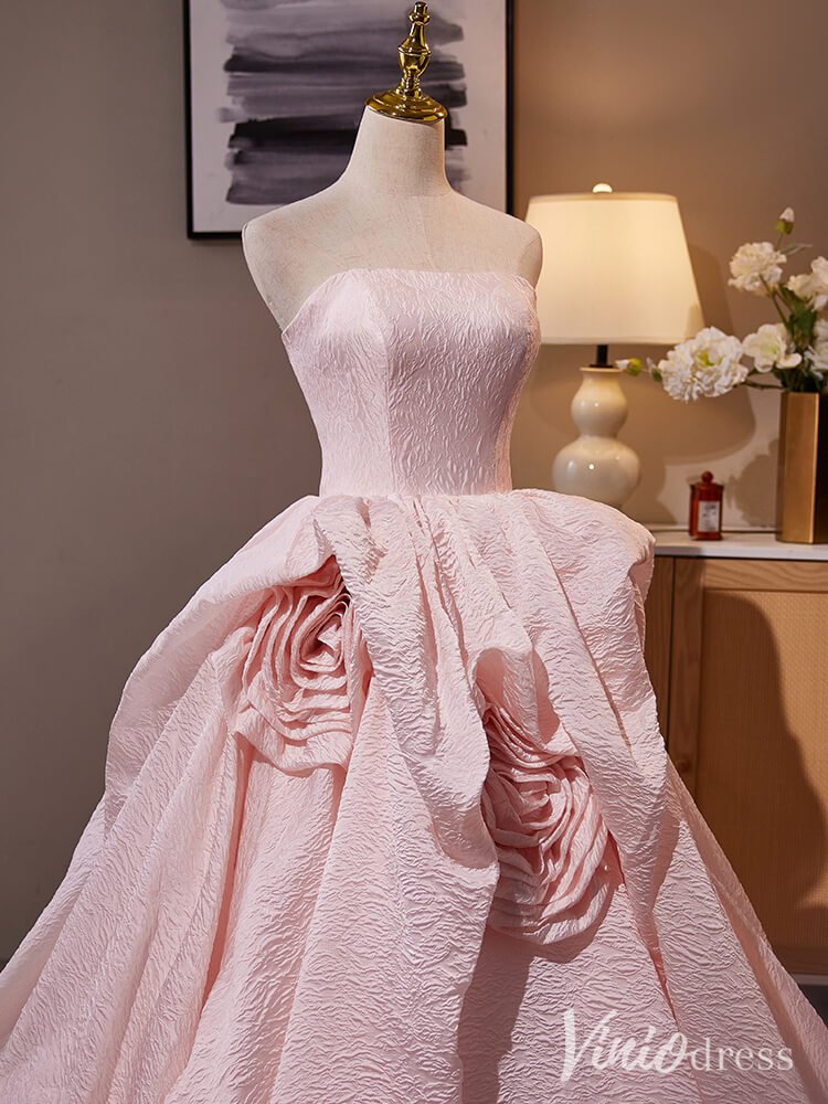 Pink Strapless Rosette Prom Ball Gown Jacquard Satin Quinceanera Dress AD1314-Quinceanera Dresses 2025 -Viniodress-Pink-Custom Size-