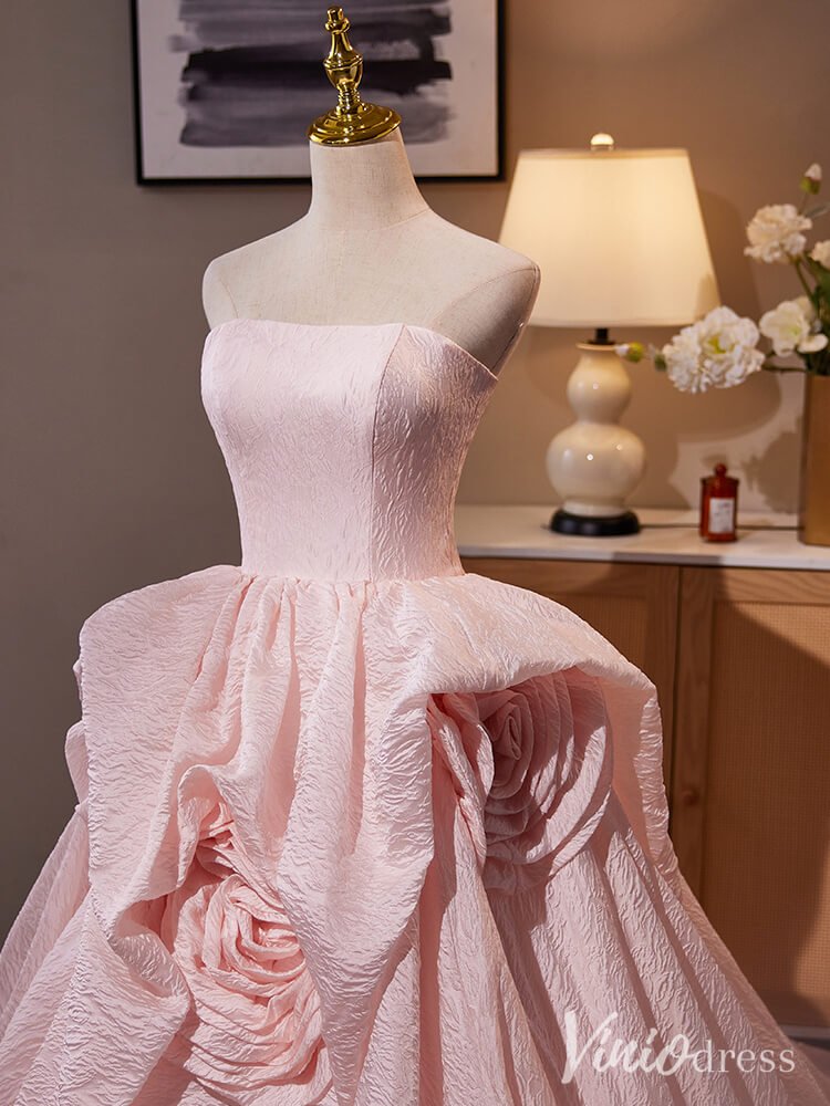 Pink Strapless Rosette Prom Ball Gown Jacquard Satin Quinceanera Dress AD1314-Quinceanera Dresses 2025 -Viniodress-Pink-Custom Size-