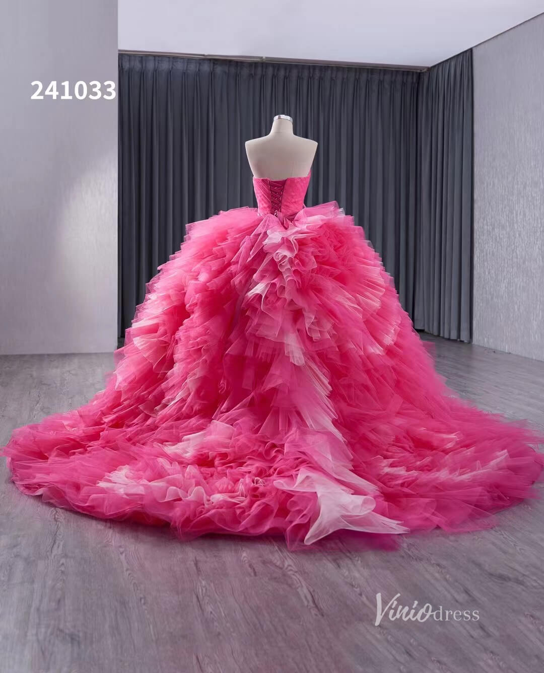 Pink Strapless Ruffled Wedding Dresses Removable Overskirt Quinceanera Dress 241033-Quinceanera Dresses 2025 -Viniodress-Pink-Custom Size-