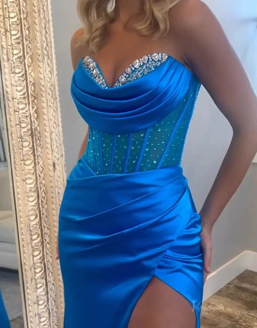Pink Strapless Satin Mermaid Prom Dresses 2025 with Slit, Beaded Sweetheart Neck & Sheer Boned Bodice – FD5056-prom dresses 2025 -Viniodress-Blue-Custom Size-