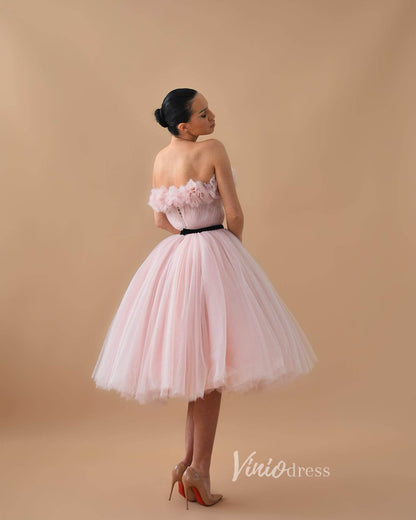 Pink Strapless Short Prom Dresses with Belt Pleated Tulle Hoco Dress FD3600-prom dresses 2025 -Viniodress-Pink-Custom Size-
