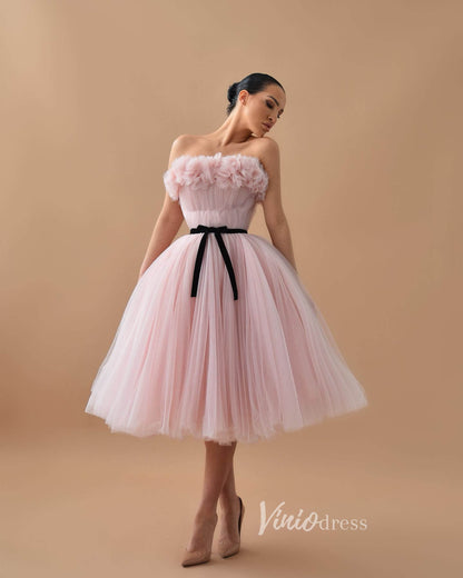 Pink Strapless Short Prom Dresses with Belt Pleated Tulle Hoco Dress FD3600-prom dresses 2025 -Viniodress-Pink-Custom Size-
