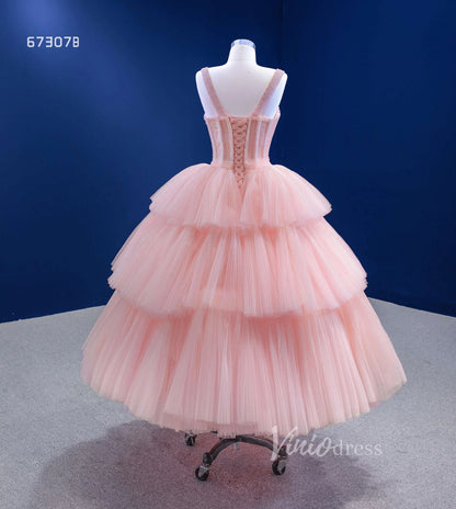 Pink Tea Length Prom Dress Tiered Tulle Evening Dress 67307B-prom dresses 2025 -Viniodress-Pink-Custom Size-