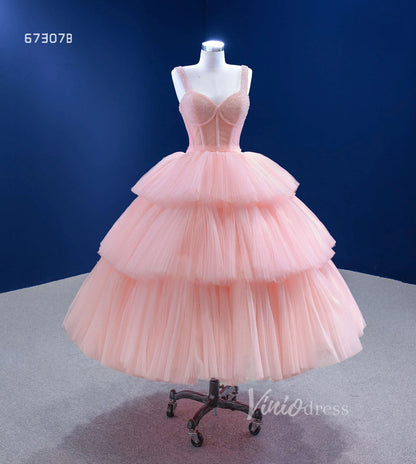 Pink Tea Length Prom Dress Tiered Tulle Evening Dress 67307B-prom dresses 2025 -Viniodress-Pink-Custom Size-