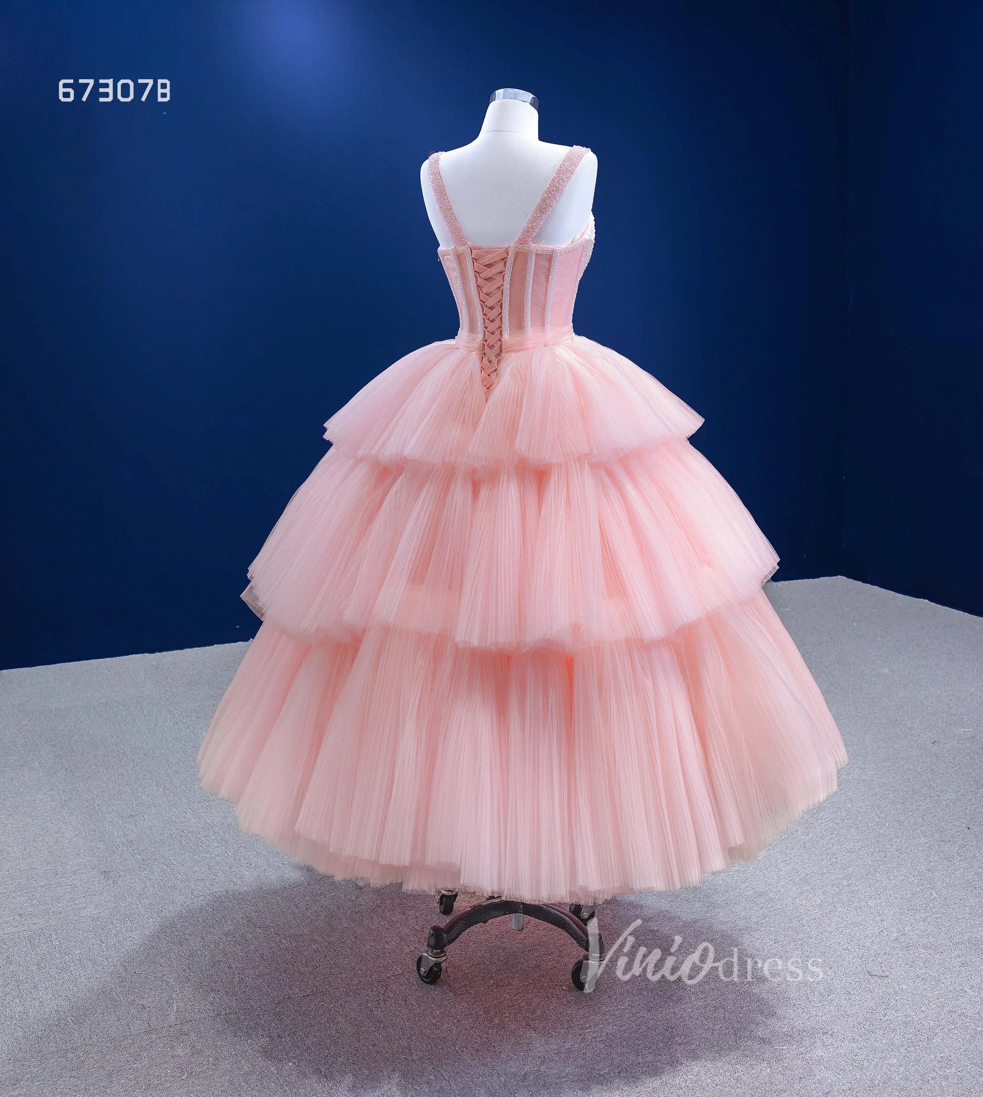 Pink Tea Length Prom Dress Tiered Tulle Evening Dress 67307B-prom dresses 2025 -Viniodress-Pink-Custom Size-