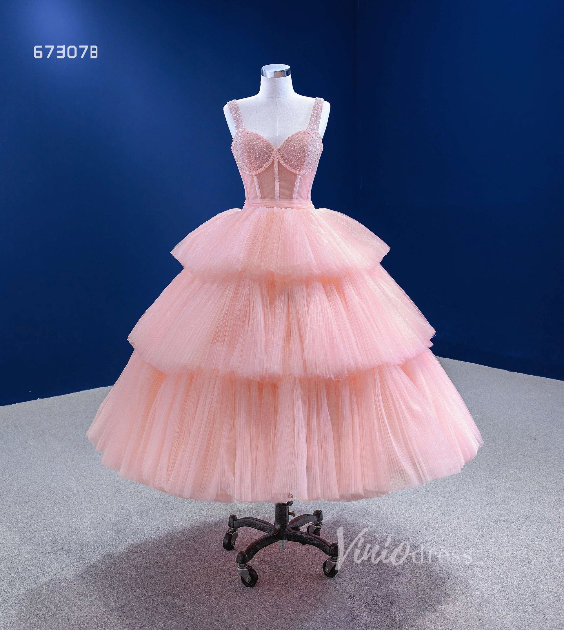Pink Tea Length Prom Dress Tiered Tulle Evening Dress 67307B-prom dresses 2025 -Viniodress-Pink-Custom Size-