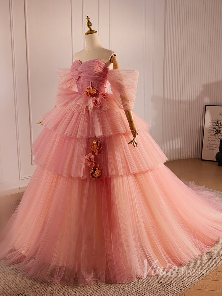 Pink Tiered Pleated 3D Flower Prom Dresses Off the Shoulder Quinceanera Dress 90027-prom dresses 2025 -Viniodress-Pink-Custom Size-