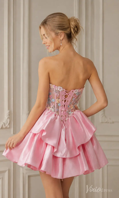 S26118 pink strapless mini dress with floral embroidered corset bodice and tiered satin skirt.