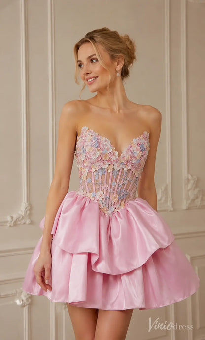 Pink strapless mini dress with a floral embroidered corset bodice and a tiered ruffled satin skirt.