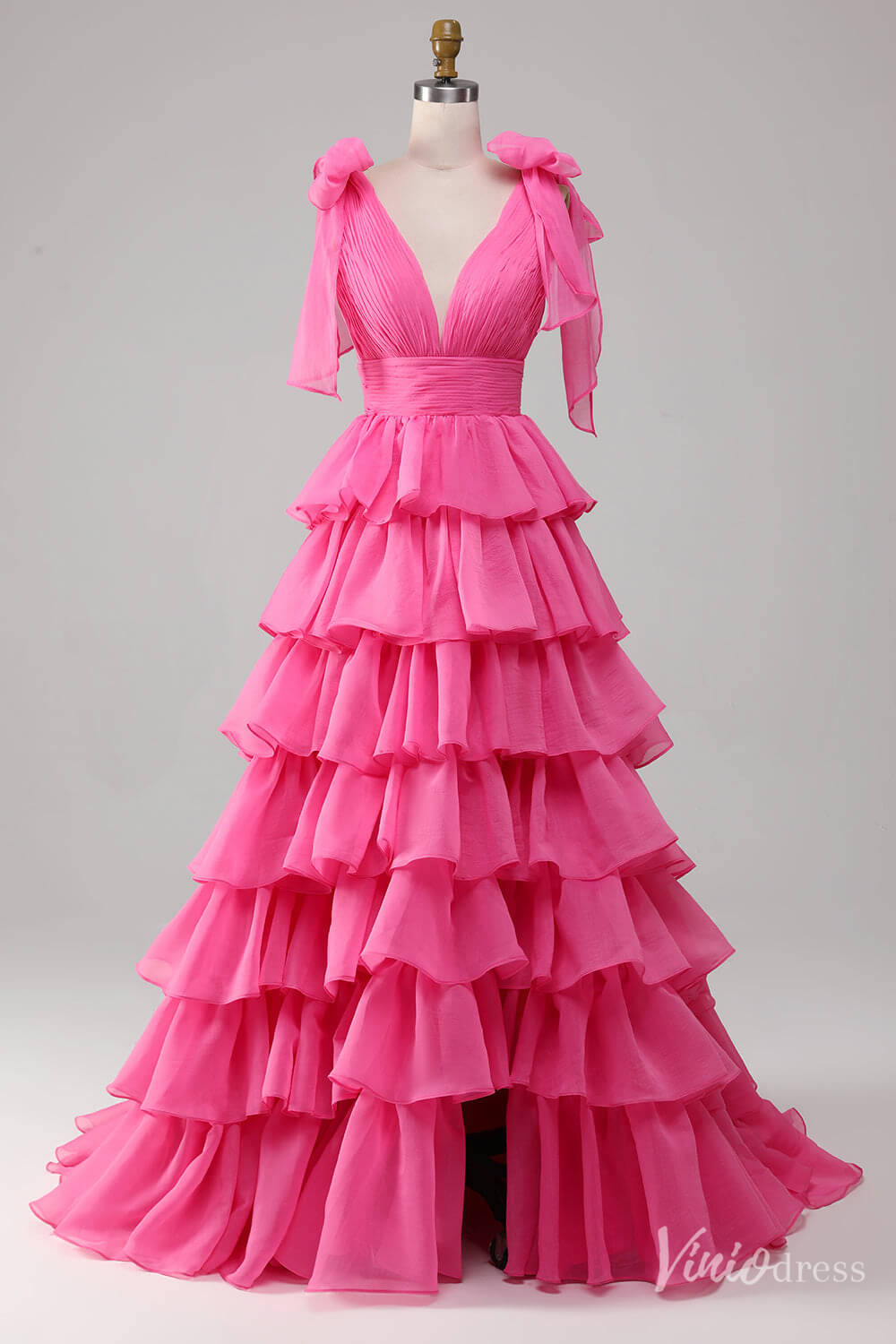 Pink Tiered Ruffled Prom Dresses Bow-Tie Pleated Bodice V-Neck FD4041B-prom dresses 2025 -Viniodress-Pink-Custom Size-
