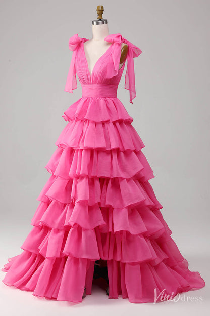 Pink Tiered Ruffled Prom Dresses Bow-Tie Pleated Bodice V-Neck FD4041B-prom dresses 2025 -Viniodress-Pink-Custom Size-