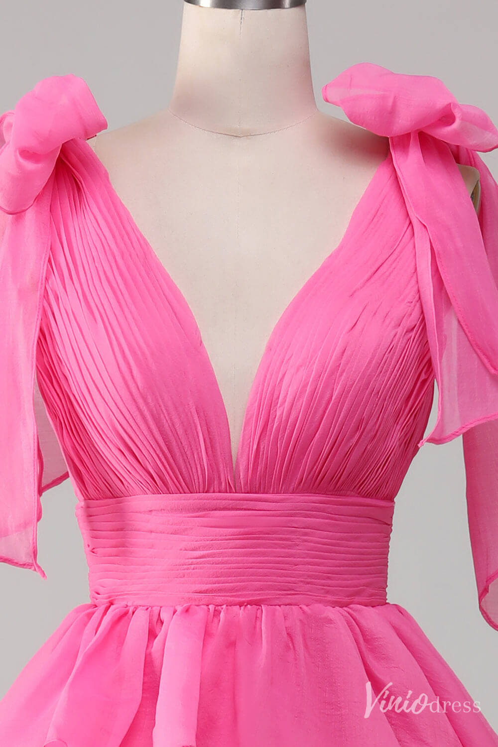 Pink Tiered Ruffled Prom Dresses Bow-Tie Pleated Bodice V-Neck FD4041B-prom dresses 2025 -Viniodress-Pink-Custom Size-