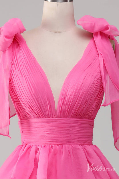 Pink Tiered Ruffled Prom Dresses Bow-Tie Pleated Bodice V-Neck FD4041B-prom dresses 2025 -Viniodress-Pink-Custom Size-