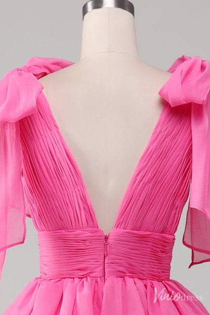 Pink Tiered Ruffled Prom Dresses Bow-Tie Pleated Bodice V-Neck FD4041B-prom dresses 2025 -Viniodress-Pink-Custom Size-