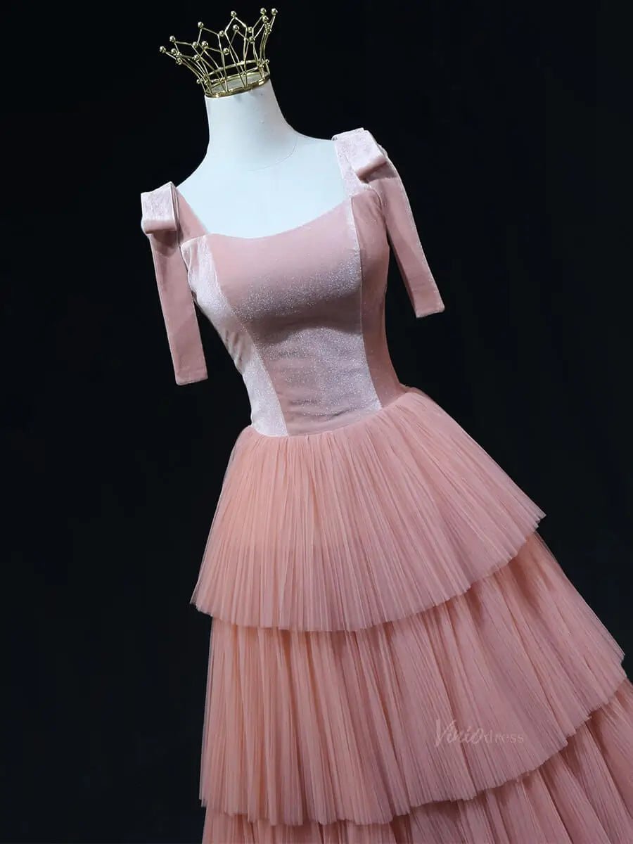 Pink Tulle Prom Dresses with Velvet Bodice, Tiered Bottom, Wide Strap, Formal Gown SU054-prom dresses 2025 -Viniodress-Pink-Custom Size-