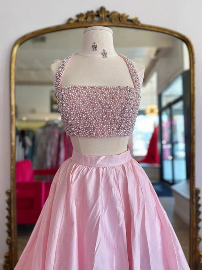 Pink Two-Piece Satin Prom Dress with Slit, Pearl Bodice & Halter Neck – Style FD5193-prom dresses 2025 -Viniodress-Pink-Custom Size-