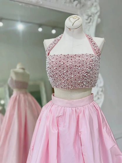 Pink Two-Piece Satin Prom Dress with Slit, Pearl Bodice & Halter Neck – Style FD5193-prom dresses 2025 -Viniodress-Pink-Custom Size-