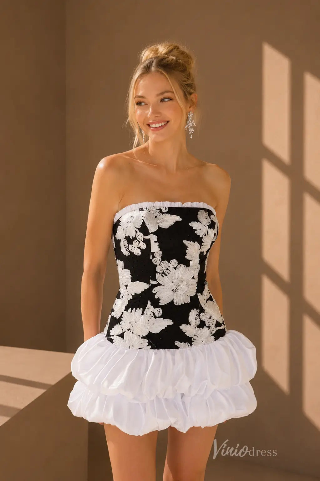 Playful Strapless Pearl Beaded Floral Homecoming Dress with Bubble Hem - S26002-Homecoming Dresses 2026-Viniodress-Pink-US 0-