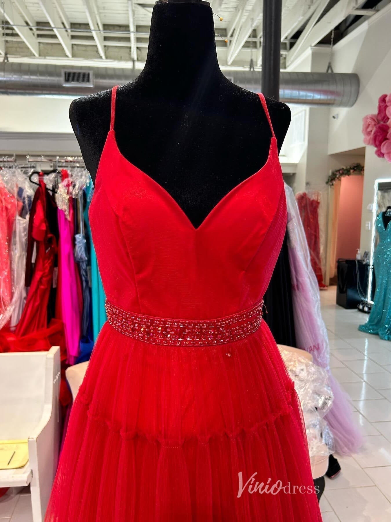 Pleated Tulle Spaghetti Strap Prom Dresses Beaded Waist V-Neck FD4012-prom dresses 2025 -Viniodress-Red-Custom Size-