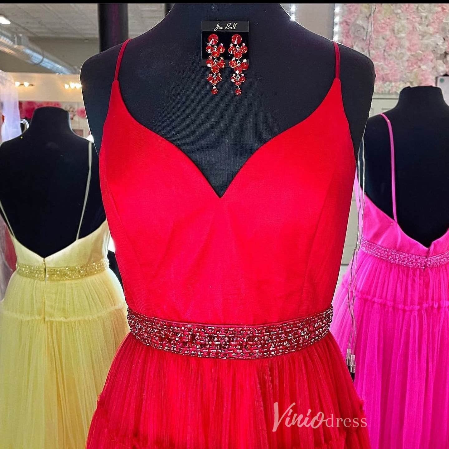 Pleated Tulle Spaghetti Strap Prom Dresses Beaded Waist V-Neck FD4012-prom dresses 2025 -Viniodress-Red-Custom Size-