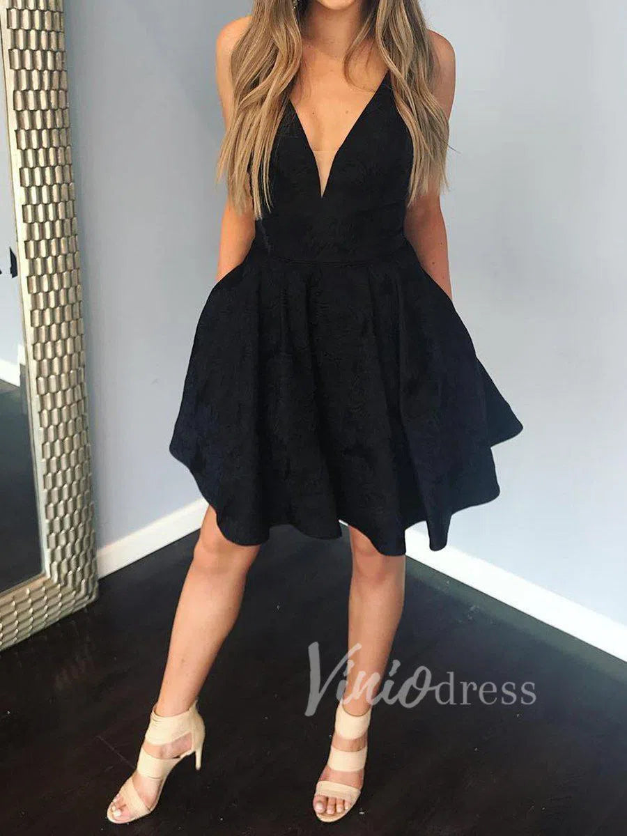 Plunging V Neck Little Black Dress with Pockets SD1183-homecoming dresses-Viniodress-Black-Custom Size-Viniodress