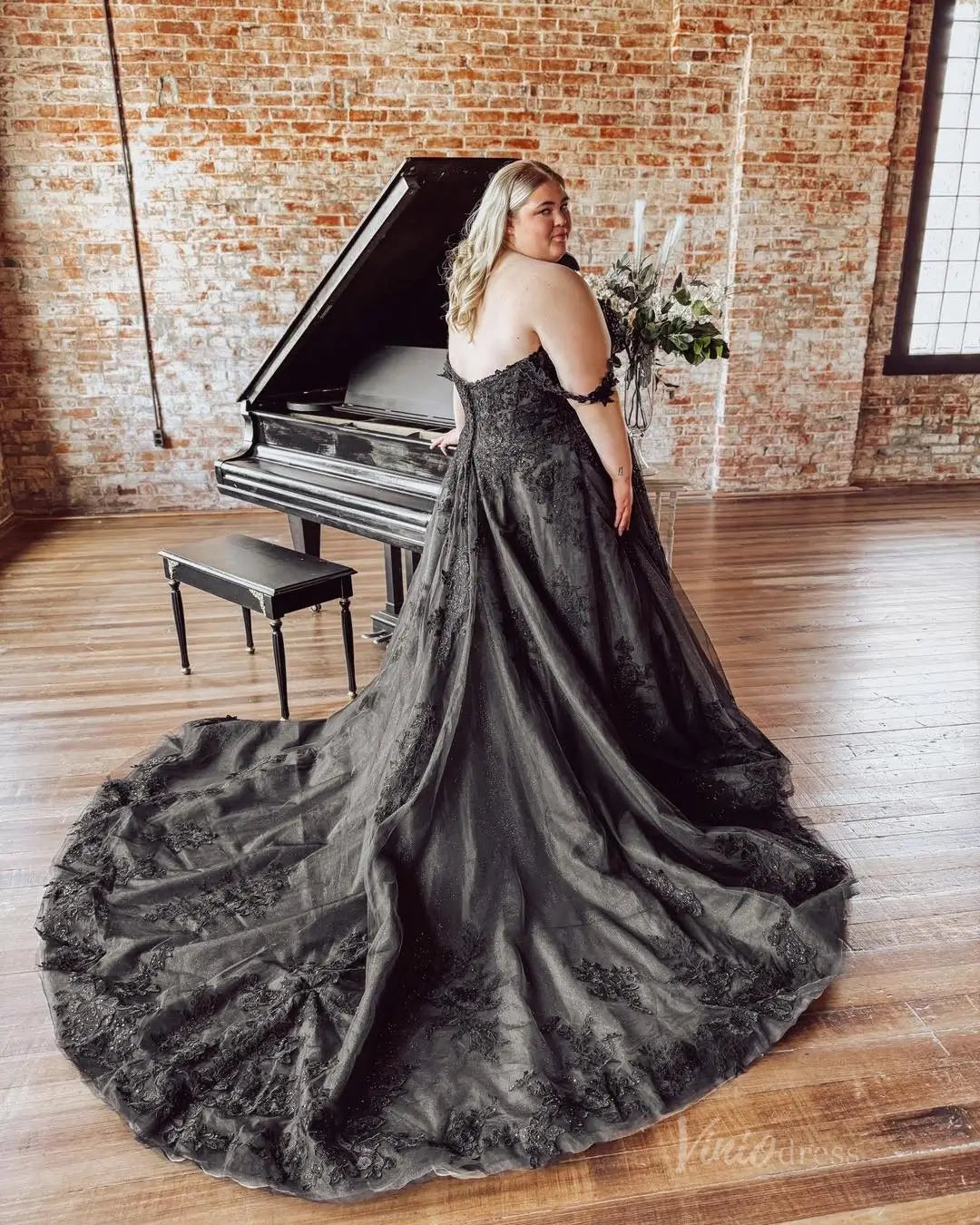Plus Size Black Wedding Dress | Off-the-Shoulder A-Line Gown with Lace Appliqués, Chapel Train BK107