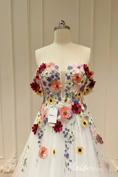 Plus Size Colorful Floral Wedding Dress | Off-the-Shoulder Sweetheart Gown with Chapel Train FW162-wedding dresses 2025 -Viniodress-Floral-Custom Size-