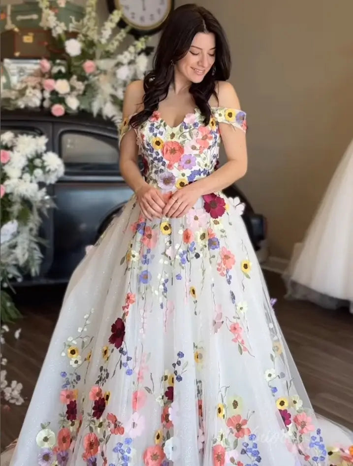 Plus Size Floral Embroidery Wedding Dress | Off-the-Shoulder Colorful Ball Gown FW160