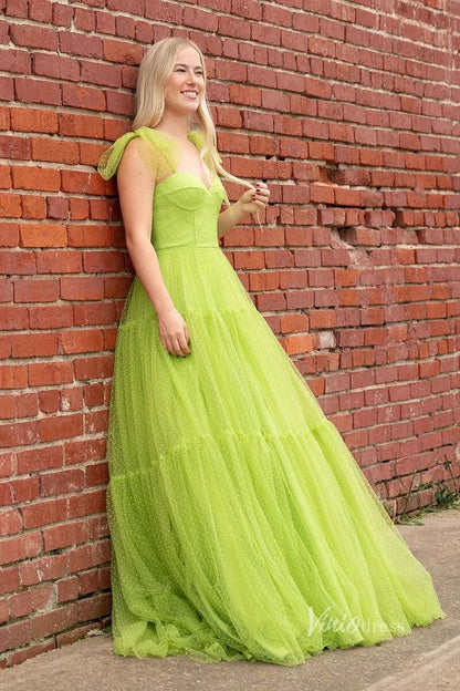 Pretty Dotted Tulle Prom Dresses Bow-Tie Spaghetti Strap Formal Dress FD3625-prom dresses 2025 -Viniodress-Champagne-Custom Size-