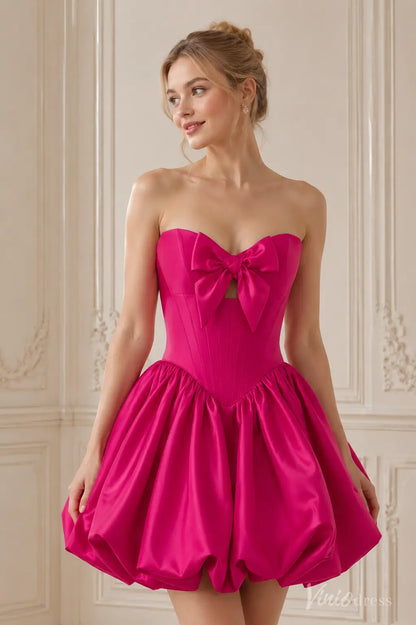 S26091 fuchsia strapless mini dress with a structured bodice, front bow, and voluminous bubble skirt.