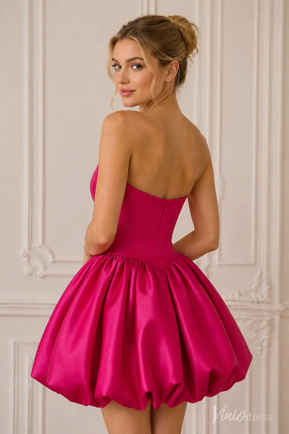 S26091 fuchsia strapless mini dress with a fitted bodice and voluminous bubble skirt.