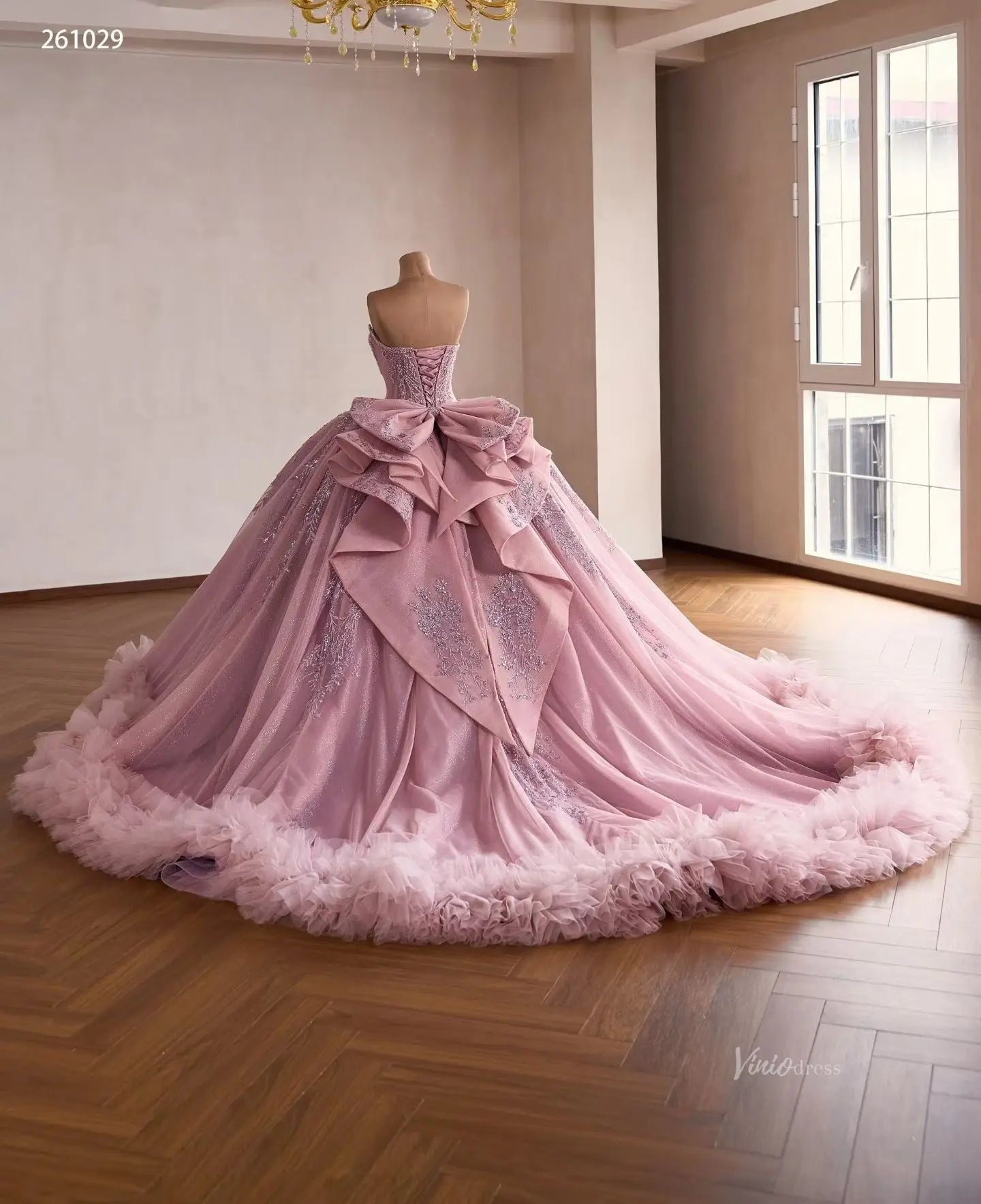 Pink Sparkly Quinceañera Dress with Sequin Lace & Bow