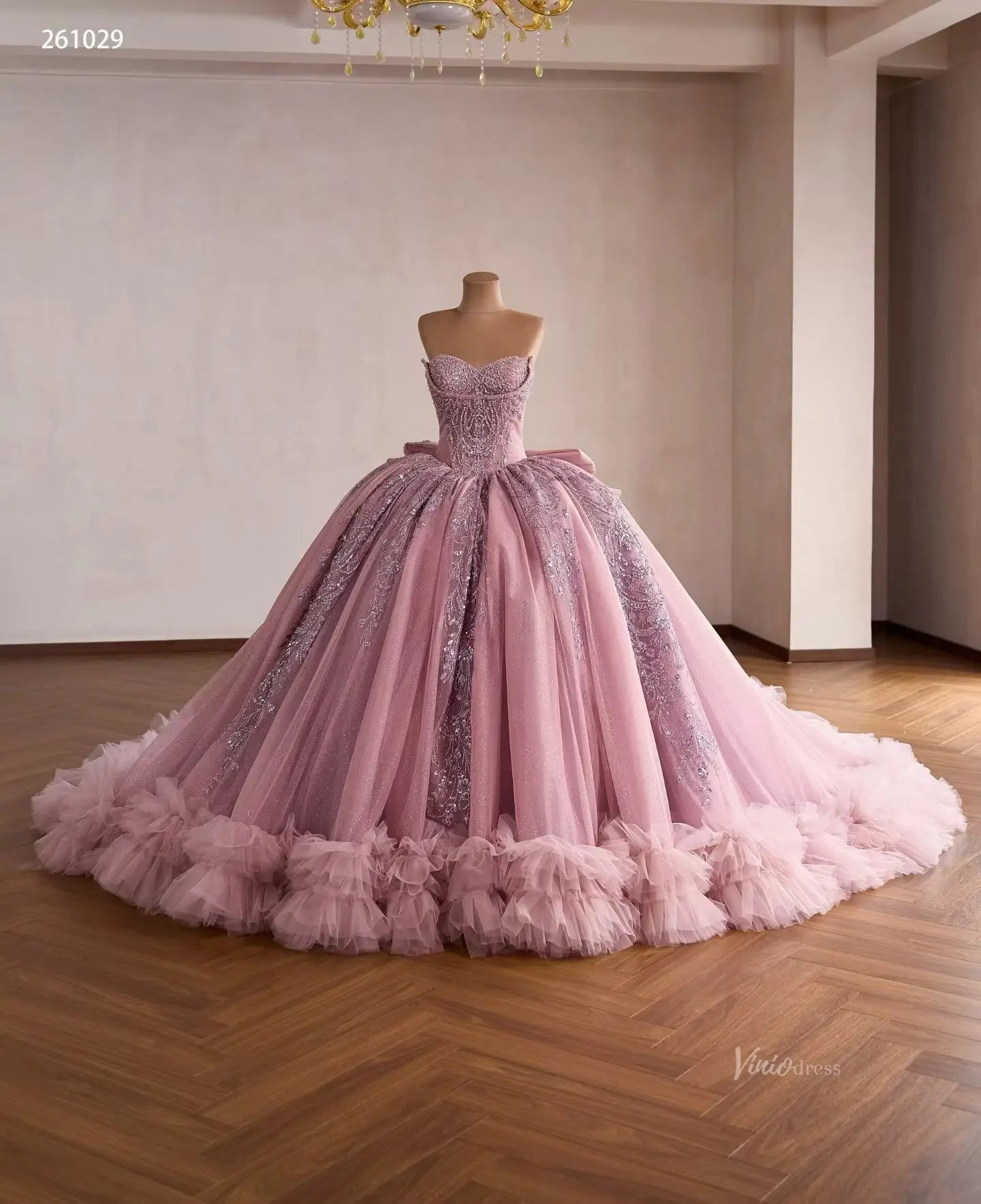 Pink Sparkly Quinceañera Dress with Sequin Lace & Bow