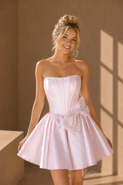 Princess Strapless Satin Homecoming Dress with Pearl Bow and Pockets - S26006-Homecoming Dresses 2026-Viniodress-Blush-US 0-