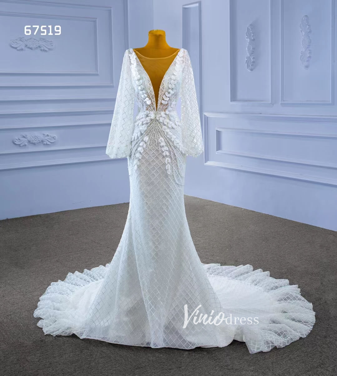Puff Long Sleeve Mermaid Wedding Dresses Modern Bridal Dress 67519-wedding dresses 2025 -Viniodress-Ivory-Custom Size-