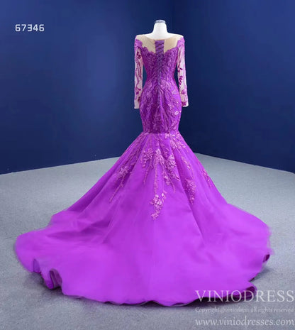 Purple Lace Mermaid Prom Dresses Long Sleeve Pageant Dress viniodress-Quinceanera Dresses 2025 -Viniodress-Purple-Custom Size-