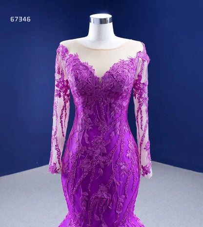 Purple Lace Mermaid Prom Dresses Long Sleeve Pageant Dress viniodress-Quinceanera Dresses 2025 -Viniodress-Purple-Custom Size-