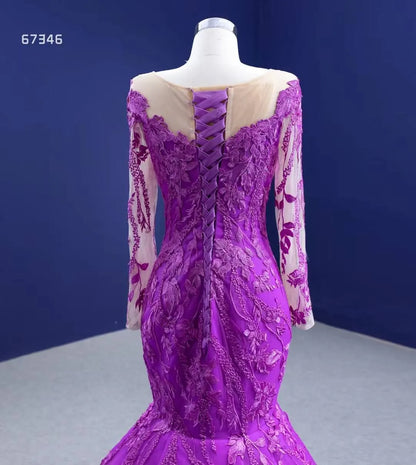 Purple Lace Mermaid Prom Dresses Long Sleeve Pageant Dress viniodress-Quinceanera Dresses 2025 -Viniodress-Purple-Custom Size-