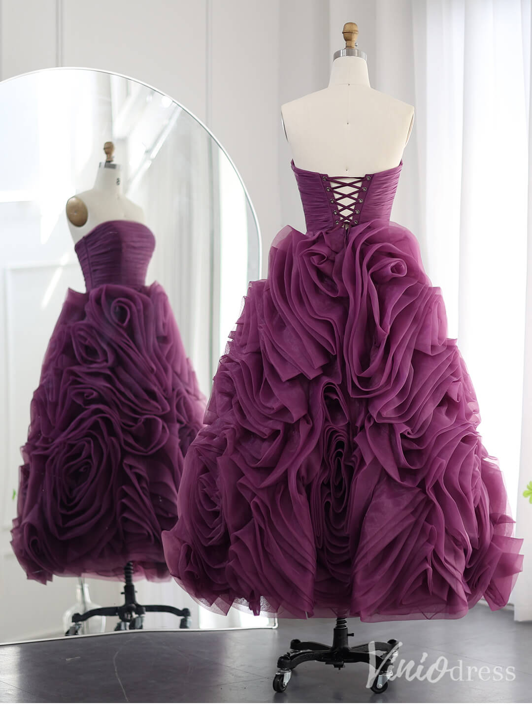 Purple Ruffle Prom Dresses Midi Length Strapless Blush Pink Formal Dress S20239-prom dresses 2025 -Viniodress-Purple-US 2-